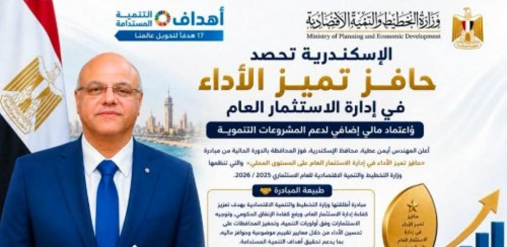للعام الثالث على التوالي الإسكندرية تحصد حافز تميز الأداء في إدارة الاستثمار العام .. ومحافظ الإسكندرية: ثمرة التخطيط الرشيد والعمل المؤسسي لتحقيق التنمية المستدامة